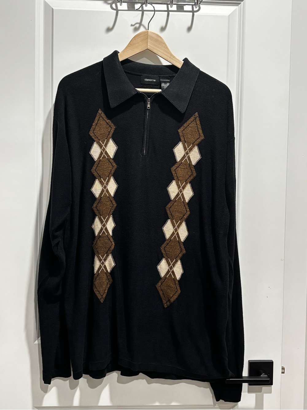 Liz Claiborne Black Zip-Up Sweater with Brown and Cream Argyle